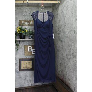 X By Xscape Plus Size Ruched Lace Gown Dress XC121W Navy Blue 18W